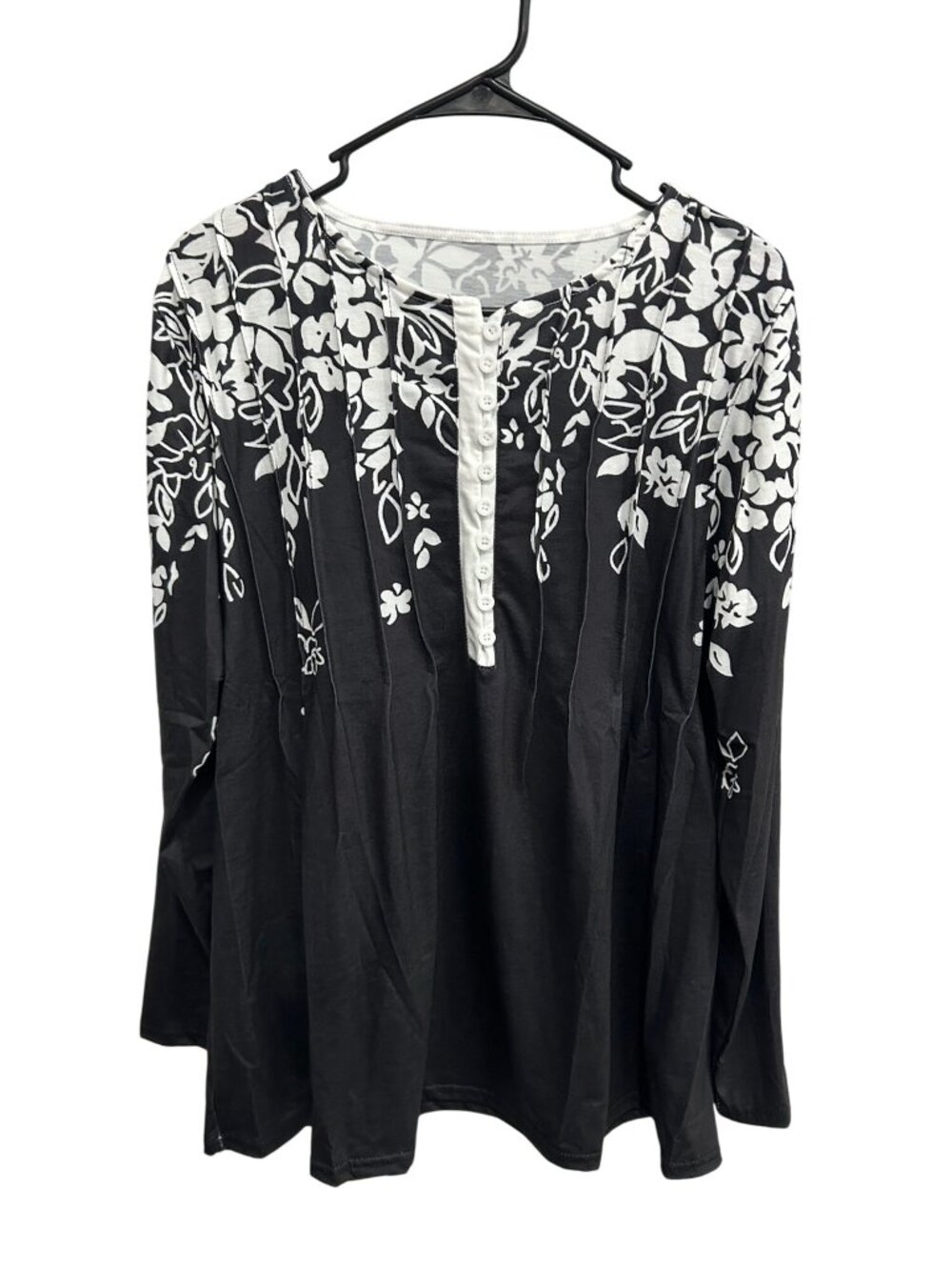 Floral Pintuck Long Sleeve Henley Top Black White Polyester Blend Boho Office - Picture 1 of 8